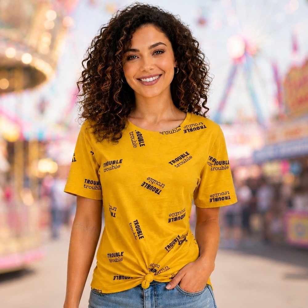 Tops Yellow Women Junior XL Rebellious One Knot Tee‎ with Trouble Designs